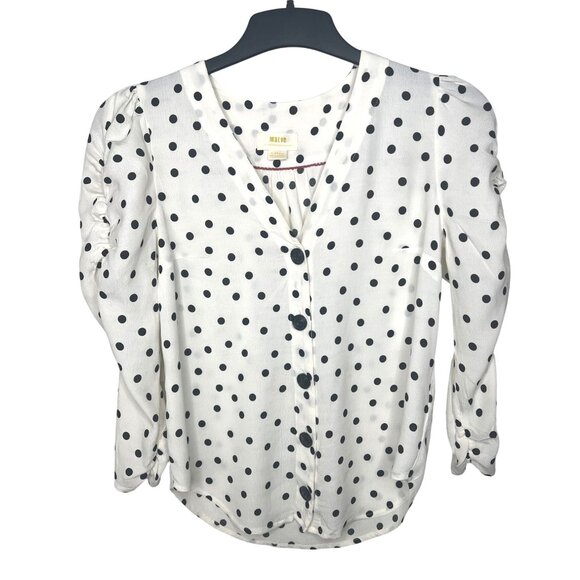 Maeve By Anthropologie Jourdain Blouse Polka Dot Ruched Sleeve Button Down X-S - Picture 8 of 15